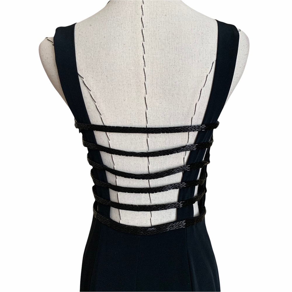 Vintage 90s NITELINE Della Roufogali Black Beaded Open Back Cocktail Party Dress